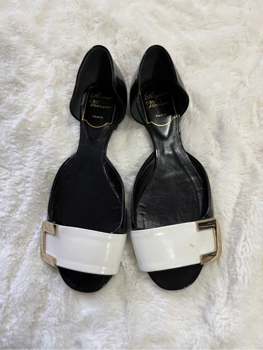 Roger Vivier Patent Leather D’Orsay Flats Black Ivory Gold Buckle 35 US 5